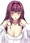  1girl absurdres bare_shoulders blush breasts cleavage collarbone fate/grand_order fate_(series) highres hu_tu large_breasts long_hair looking_at_viewer md5_mismatch open_mouth purple_hair red_eyes resolution_mismatch scathach_(fate) shiny shiny_skin simple_background source_smaller very_long_hair white_background 