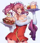  1girl artist_name bangs beer_mug blush breasts burger cheese cleavage cleavage_cutout clothing_cutout commission covered_navel cowboy_shot cup elbow_gloves food french_fries gloves green_eyes hair_ribbon heart highres holding holding_food large_breasts lettuce looking_at_viewer magion02 maid_headdress misao_(salverion) mug original plate purple_hair red_ribbon ribbon simple_background smile solo tongue tongue_out twintails white_background white_gloves 