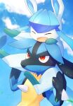  alopias arms_up artist_name blue_sky blurry blush bokeh carrying carrying_over_shoulder closed_eyes closed_mouth cloud depth_of_field glaceon leaves_in_wind lucario no_humans on_shoulder open_mouth pokemon pokemon_(creature) red_eyes sky smile upper_body 