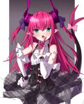  1girl asymmetrical_horns bare_shoulders black_corset blue_eyes blush bow corset detached_sleeves dragon_girl dragon_horns dragon_tail elizabeth_bathory_(fate) elizabeth_bathory_(fate/extra_ccc) eyebrows_visible_through_hair fangs fate/extra fate/extra_ccc fate/grand_order fate_(series) finger_to_mouth framed grey_skirt halter_top halterneck highres horns idol_clothes long_hair looking_at_viewer open_mouth pink_bow pink_hair plaid plaid_skirt pointy_ears simple_background skirt solo tail tail_bow tail_ornament takanashi_kei_(hitsujikan) white_sleeves 