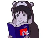  1girl animal_costume bear_costume book brown_eyes brown_hair closed_mouth expressionless eyebrows_behind_hair hair_ornament hairclip holding holding_book iwakura_lain jaggy_line oekaki open_book programming_(topic) psicochurroz reading serial_experiments_lain sicp simple_background single_sidelock solo textbook upper_body white_background x_hair_ornament 