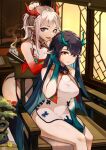  2girls arknights arm_tattoo bead_bracelet beads black_hair bracelet braid chair china_dress chinese_clothes clearhand colored_inner_hair colored_skin commentary dragon_horns dress dusk_(arknights) ear_piercing feet_out_of_frame folding_fan green_hair green_skin hand_fan hand_in_hair highres holding holding_fan horns indoors jewelry lattice leg_tattoo long_hair looking_at_viewer multicolored_hair multiple_girls nian_(arknights) nian_(unfettered_freedom)_(arknights) no_neckwear official_alternate_costume piercing pointy_ears purple_eyes red_eyes red_hair red_skin siblings sidelocks sisters sitting sled sleeveless sleeveless_dress smile streaked_hair tattoo thighs very_long_hair white_dress white_hair window 