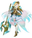  1girl armor armored_boots armored_dress axe bangs battle_axe blonde_hair blue_eyes blue_hair boots breastplate cape dress earrings feather_trim fire_emblem fire_emblem_heroes fjorm_(fire_emblem) full_body fur_trim gloves gradient gradient_clothes gradient_hair highres holding holding_weapon jewelry long_sleeves looking_at_viewer maeshima_shigeki medium_hair multicolored_hair shoulder_armor solo thighhighs tiara transparent_background two-tone_hair weapon zettai_ryouiki 