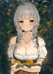  1girl alternate_costume bare_shoulders blush braid breasts cleavage food fruit fruit_basket german_clothes green_eyes hair_over_shoulder hana_mori highres hololive jewelry large_breasts lemon looking_at_viewer necklace outdoors puffy_sleeves shirogane_noel smile solo twin_braids upper_body virtual_youtuber white_hair 