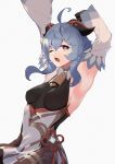  1girl ;o absurdres ahoge arm_over_head armpits arms_up bangs bell blue_hair breasts chinese_knot curled_horns detached_sleeves ganyu_(genshin_impact) genshin_impact gold_trim highres horns looking_at_viewer medium_breasts neck_bell one_eye_closed purple_eyes sansai_soba sidelocks sleepy solo stretch tassel tears thighlet vision_(genshin_impact) waking_up white_background white_sleeves yawning 