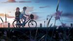  2girls arm_around_waist asakura_tooru bicycle_basket black_legwear blurry blurry_foreground clothes_around_waist cloud depth_of_field flower friends grass highres higuchi_madoka hug idolmaster idolmaster_shiny_colors jacket jacket_around_waist looking_at_phone looking_away multiple_girls outdoors pantyhose phone riding_bicycle school_uniform short_hair sitting sunset yannn 