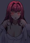  1girl absurdres bare_shoulders blush breasts cleavage collarbone dark dark_background fate/grand_order fate_(series) glowing glowing_eyes highres hu_tu large_breasts long_hair looking_at_viewer md5_mismatch open_mouth purple_hair red_eyes resolution_mismatch scathach_(fate) shiny shiny_skin simple_background source_smaller very_long_hair 
