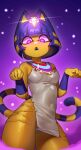 1girl :&lt; absurdres animal_crossing animal_ears ankha_(animal_crossing) ankha_zone bangs bare_shoulders blue_hair blunt_bangs bob_cut bracer breasts cat_ears cat_tail claw_pose commentary covered_navel cowboy_shot cropped_legs derivative_work downcast_eyes dress english_commentary fangs from_below furry furry_female glowing glowing_eyes highres hip_focus hypnosis jewelry lace-up looking_at_viewer looking_down mind_control nia_(nia4294) open_mouth panties pantyshot paw_pose purple_background purple_eyes purple_hair ringed_eyes short_dress short_hair side_slit skirt small_breasts solo star_(sky) striped_tail tail underwear uraeus usekh_collar white_dress white_panties wide-eyed yellow_skirt 