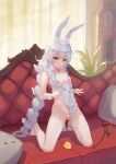  1girl absurdres animal_ear_fluff animal_ears azur_lane bangs bare_shoulders braid breasts choker clock clock_tower collarbone couch curtains flower full_body hands_up highres kneeling le_malin_(azur_lane) le_malin_(listless_lapin)_(azur_lane) leotard long_hair looking_at_viewer messy_hair official_alternate_costume pantyhose parted_lips pillow playboy_bunny purple_hair rabbit_ears sidelocks sleeveless small_breasts solo thigh_strap tower twin_braids twintails white_legwear wrist_cuffs xiedai_youxian_dianhua 