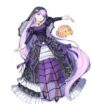  1girl absurdly_long_hair bangs black_footwear breasts dress eyebrows_visible_through_hair fire_emblem fire_emblem:_the_binding_blade fire_emblem_heroes floating floating_object frills full_body high_heels highres jewelry lolita_fashion long_dress long_hair long_sleeves looking_away medium_breasts necklace official_art open_mouth puffy_sleeves purple_eyes purple_hair see-through solo sophia_(fire_emblem) spider_hair_ornament stuffed_toy transparent_background urata_asao veil very_long_hair wrist_cuffs 