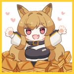  1girl :d animal_ears arknights baklava bangs belt border brown_hair ceobe_(arknights) dog_ears dog_girl eyebrows_visible_through_hair eyelashes fang food hair_between_eyes hands_up happy heart long_hair long_sleeves open_mouth skin_fang smile solo someyaya thick_eyebrows upper_body white_background yellow_border 