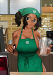  1girl apron arung_samudra_(cessa) bare_shoulders barista bespectacled black_eyes black_hair breasts cafe cessa cleavage cup dark-skinned_female dark_skin glasses green_apron holding holding_cup holding_marker huge_breasts iced_latte_with_breast_milk_(meme) looking_at_viewer marker medium_hair meme naked_apron ombok_diving_and_delivery_services reflection rimless_eyewear smile solo twintails upper_body 