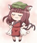  1girl :3 alternate_hair_length alternate_hairstyle animal_ears bangs blunt_bangs brown_hair cat_ears cat_tail chen closed_eyes closed_mouth earrings eyebrows_visible_through_hair foul_detective_satori full_body green_headwear hands_on_hips hat jewelry mob_cap multiple_tails nekomata pink_background rokugou_daisuke single_earring smile smug solo standing tail touhou two_tails v-shaped_eyebrows 