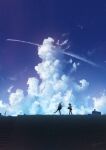  2girls absurdres arms_up artist_name artist_request blue_sky building cloud cloudy_sky day distrail grass highres long_hair multiple_girls namizukuri original outdoors scenery school_uniform short_hair signature skirt sky stairs summer walking 