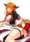  1girl ahoge braid breasts dragon_horns dragon_tail hairband highres hololive horns kakage kiryu_coco large_breasts long_hair orange_hair pleated_skirt pointy_ears red_eyes side_slit single_thighhigh skirt smile tail thigh_strap thighhighs virtual_youtuber white_background 