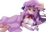  1girl bangs blunt_bangs bow bowtie breasts capelet cleavage dress gloves hat hirowa_nagi large_breasts long_hair looking_at_viewer lying mob_cap on_side patchouli_knowledge purple_capelet purple_dress purple_eyes purple_gloves purple_hair purple_headwear simple_background solo striped touhou white_background 