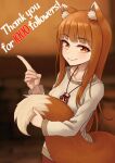  1girl anidante animal_ear_fluff animal_ears breasts brown_hair closed_mouth collarbone cowboy_shot eyebrows_visible_through_hair highres holo index_finger_raised long_hair long_sleeves looking_at_viewer orange_hair red_eyes smile solo spice_and_wolf tail teeth wolf_ears wolf_tail 