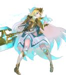 1girl armor armored_boots armored_dress axe bangs battle_axe blonde_hair blue_eyes blue_hair boots breastplate cape dress earrings feather_trim fire_emblem fire_emblem_heroes fjorm_(fire_emblem) full_body fur_trim gloves gradient gradient_clothes gradient_hair highres holding holding_weapon jewelry long_sleeves looking_away maeshima_shigeki medium_hair multicolored_hair official_art open_mouth shoulder_armor solo thighhighs tiara transparent_background two-tone_hair weapon zettai_ryouiki 