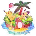  :d alolan_raichu ball beachball blue_eyes chabo_(starchabo) closed_eyes closed_mouth commentary_request evolutionary_line grass happy highres open_mouth outline pichu pikachu pokemon pokemon_(creature) smile surfing toes tree water 