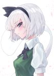  1girl 33_gaff bangs black_bow black_bowtie black_hairband blue_eyes blush bow bowtie breasts buttons closed_mouth collar collared_shirt dress eyebrows_visible_through_hair from_side ghost green_dress hair_between_eyes hairband konpaku_youmu konpaku_youmu_(ghost) looking_at_viewer medium_breasts puffy_short_sleeves puffy_sleeves shirt short_hair short_sleeves silver_hair simple_background solo touhou upper_body white_background white_shirt 