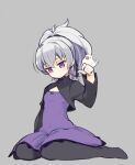  1girl bird breasts commentary covered_navel darker_than_black dress hair_ribbon long_hair mota pantyhose ponytail purple_dress purple_eyes ribbon silver_hair simple_background sitting yin_(darker_than_black) 