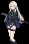  1girl absurdres an-94 an-94_(girls&#039;_frontline) assault_rifle black_background black_gloves black_jacket blue_eyes eyebrows_visible_through_hair girls&#039;_frontline gloves gun half_gloves highres holding holding_gun holding_weapon jacket long_hair long_sleeves looking_at_viewer open_clothes open_jacket rifle simple_background solo weapon white_hair yakob_labo 