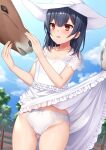  1girl :d animal ass_visible_through_thighs black_hair blush brown_eyes cameltoe clothes_lift cloud collarbone commentary_request cowboy_shot dress dress_lift eyebrows_visible_through_hair fence frilled_dress frills groin hair_between_eyes hat horse idolmaster idolmaster_shiny_colors medium_hair morino_rinze open_mouth panties short_sleeves sidelocks sky smile solo standing torimaru tree underwear white_dress white_headwear white_panties wooden_fence 