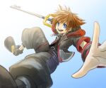  1boy blue_eyes brown_hair fingerless_gloves gloves hood jewelry keyblade kingdom_hearts kingdom_hearts_iii kingdom_key male_focus necklace open_mouth sayoyonsayoyo short_hair smile solo sora_(kingdom_hearts) spiked_hair super_smash_bros. 