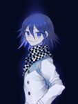  1boy bangs black_scarf blue_background blue_hair buttons checkered checkered_scarf commentary_request danganronpa_(series) danganronpa_v3:_killing_harmony eyebrows_visible_through_hair from_side hair_between_eyes long_sleeves looking_at_viewer looking_to_the_side male_focus ouma_kokichi scarf shiny shiny_hair short_hair simple_background smile solo sumika_(rrz03) unmoving_pattern white_scarf 