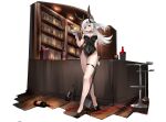  1girl absurdres alcohol animal_ears arknights bar black_leotard breasts cleavage commentary_request gloves highres horns large_breasts legs_together leotard maria_(syake-uni) mudrock_(arknights) playboy_bunny pointy_ears rabbit_ears red_eyes solo standing thigh_strap tray white_hair 
