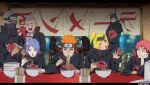  1girl 6+boys :d akasuna_no_hedoro akatsuki_(naruto) akatsuki_uniform angry bangs black_hair blonde_hair blue_eyes bowl chair chopsticks closed_mouth crying crying_with_eyes_open deidara_(naruto) eating flower food forehead_protector green_eyes green_hair hair_bun hair_flower hair_ornament hand_on_own_cheek hand_on_own_face hidan_(naruto) holding holding_bowl holding_chopsticks hoshigaki_kisame kakuzu_(naruto) konan_(naruto) laughing long_hair long_sleeves mask money mouth_mask multiple_boys naruto_(series) naruto_shippuuden ninja ninja_mask noodles open_mouth orange_eyes orange_hair pain_(naruto) ponytail purple_eyes purple_hair ramen red_eyes red_hair rinnegan sasori_(naruto) scythe short_hair silver_hair sitting smile table tears teeth uchiha_itachi uchiha_obito weapon weapon_on_back zetsu_(naruto) 