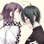  2boys ahoge bangs black_hair black_jacket blush brown_background brown_eyes checkered checkered_scarf closed_eyes danganronpa_(series) danganronpa_v3:_killing_harmony forehead_kiss from_side grey_jacket jacket kiss male_focus multiple_boys ouma_kokichi parted_lips profile purple_hair saihara_shuuichi scarf short_hair sumika_(rrz03) sweatdrop teeth upper_body yaoi 