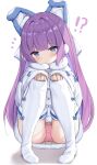  !? 1girl absurdres azur_lane bangs blue_eyes blunt_bangs blush boots coat commentary eyebrows_visible_through_hair full_body hands_on_own_knees highres irokari long_hair long_sleeves looking_at_viewer notice_lines panties parted_lips pink_panties purple_hair sleeves_past_fingers sleeves_past_wrists solo squatting tashkent_(azur_lane) thigh_boots thighhighs underwear very_long_hair white_coat white_legwear 