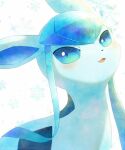  :d alopias blue_eyes glaceon green_eyes looking_to_the_side multicolored_eyes no_humans open_mouth pokemon pokemon_(creature) rainbow_gradient smile snowflakes upper_body 