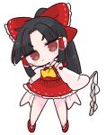  1girl ascot black_hair bow brown_eyes collar detached_sleeves frilled_bow frills gohei hair_bow hair_tubes hakurei_reimu highres long_hair nontraditional_miko op_na_yarou red_bow red_shirt red_skirt ribbon-trimmed_sleeves ribbon_trim shirt sidelocks simple_background skirt skirt_set sleeveless solo touhou white_background white_collar wide_sleeves yellow_ascot 