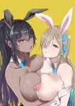  2girls :o absurdres after_kiss animal_ears aqua_leotard asuna_(blue_archive) asymmetrical_docking bangs bare_shoulders black_leotard blonde_hair blue_archive blue_eyes bow bowtie breast_press breasts chinese_commentary cleavage collarbone commentary_request dark-skinned_female dark_skin detached_collar eyebrows_visible_through_hair fake_animal_ears gloves gradient_hair hair_between_eyes hair_bow hair_ornament hair_over_one_eye heart heart-shaped_pupils highres hug interracial karin_(blue_archive) lactation large_breasts leotard long_hair looking_at_viewer multicolored_hair multiple_girls nipple-to-nipple nipples noyuki_(3702) open_mouth pink_headband playboy_bunny ponytail purple_hair saliva saliva_trail simple_background streaked_hair sweat symbol-shaped_pupils two-tone_hair white_gloves wrist_cuffs yellow_background yellow_eyes yuri 