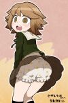  1boy ass bangs bloomers blush brown_eyes brown_hair brown_skirt chintai_(mansyontintai) commentary_request crossdressing danganronpa:_trigger_happy_havoc danganronpa_(series) from_behind fujisaki_chihiro green_jacket jacket kneehighs looking_at_viewer male_focus neck_ribbon open_mouth otoko_no_ko pleated_skirt red_background ribbon school_uniform short_hair signature simple_background skirt solo surprised two-tone_background underwear upskirt yellow_background 