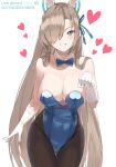  1girl animal_ears asuna_(blue_archive) black_legwear blue_archive blue_bow blue_bowtie blue_eyes blue_leotard blue_ribbon blush bow bowtie breasts cleavage cynd detached_collar fake_animal_ears gloves grin hair_over_one_eye hair_ribbon halo heart highres large_breasts leotard light_brown_hair looking_at_viewer mole mole_on_breast pantyhose playboy_bunny rabbit_ears ribbon simple_background smile solo strapless strapless_leotard twitter_username white_background white_gloves 