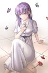  1girl absurdres arm_support bug butterfly commentary_request dress fate/stay_night fate_(series) flower heaven&#039;s_feel highres hwa_n01 long_hair looking_at_viewer matou_sakura pink_ribbon purple_eyes purple_hair ribbon solo spider_lily tile_floor tiles white_dress 