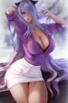  1girl alternate_costume arm_behind_head arms_up black_panties breasts camilla_(fire_emblem) cleavage closed_mouth collared_shirt commentary cowboy_shot english_commentary eyebrows_visible_through_hair eyes_visible_through_hair fire_emblem fire_emblem_fates hair_over_one_eye hand_in_hair high-waist_skirt large_breasts long_hair looking_at_viewer office_lady olchas panties pantyshot partially_unbuttoned patreon_logo patreon_username pencil_skirt purple_eyes purple_hair purple_shirt shirt shirt_tucked_in sitting skirt smile solo thighs underwear upskirt very_long_hair white_shirt 