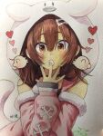  1girl :o animal_hood bone_hair_ornament brown_hair choker colored_pencil_(medium) commentary_request dog_hood futo-inu hair_ornament hand_to_own_mouth heart highres hololive hood inugami_korone jacket listener_(inugami_korone) o-ring o-ring_choker open_mouth photo_(medium) pink_jacket sabaku_chitai signature sleeves_past_wrists solo traditional_media upper_body virtual_youtuber 