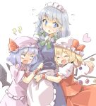  3girls apron arnest bat_wings blonde_hair blue_dress blue_eyes blush braid brooch closed_eyes commentary crystal dress eyebrows_visible_through_hair flandre_scarlet flying_sweatdrops hat heart highres izayoi_sakuya jewelry maid_apron maid_headdress medium_hair mob_cap multiple_girls one_side_up open_mouth pink_headwear pink_shirt pink_skirt puffy_short_sleeves puffy_sleeves purple_hair red_skirt red_vest remilia_scarlet sandwiched shirt short_hair short_sleeves siblings silver_hair simple_background sisters skirt smile touhou twin_braids vest white_apron white_background white_headwear white_shirt wings wrist_cuffs 