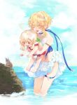  2girls :d armband arms_around_waist artwele bangs blonde_hair blue_sky carrying child child_carry cloud clover clover_hair_ornament commentary_request day eyebrows_visible_through_hair eyelashes feet_out_of_frame flower four-leaf_clover full_body genshin_impact hair_ornament hairband hermit_crab highres holding_person klee_(genshin_impact) lumine_(genshin_impact) multiple_girls ocean open_mouth outdoors outstretched_arms red_eyes red_swimsuit rock short_hair short_hair_with_long_locks short_twintails sidelocks sky smile swimsuit teeth twintails upper_teeth wading white_flower white_hairband white_swimsuit yellow_eyes 