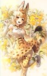  1girl :d absurdres animal_ear_fluff animal_ears animal_print bangs bare_shoulders blonde_hair blush boots bow bowtie breasts cat_ears cat_girl cat_tail center_frills commentary elbow_gloves eyebrows_visible_through_hair foot_out_of_frame frills gloves high-waist_skirt highres kemono_friends looking_at_viewer medium_breasts mirage_(rairudiseu) open_mouth print_bow print_bowtie print_gloves print_legwear print_skirt serval_(kemono_friends) serval_print shirt short_hair skirt sleeveless smile solo standing standing_on_one_leg tail thighhighs v white_footwear white_shirt yellow_eyes zettai_ryouiki 