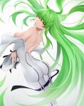  1girl absurdres ass bangs bare_shoulders bodysuit breasts c.c. closed_mouth code_geass commentary dintea dutch_angle eyebrows_visible_through_hair feet_out_of_frame green_hair highres lipstick long_hair long_sleeves makeup medium_breasts no_bra off_shoulder open_bodysuit pink_lips sideboob simple_background skin_tight smile solo standing very_long_hair white_background white_bodysuit yellow_eyes 