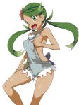  1girl breasts commentary_request dark-skinned_female dark_skin flower green_eyes green_hair hair_flower hair_ornament long_hair looking_at_viewer mallow_(pokemon) open_mouth pokemon pokemon_(game) pokemon_sm simple_background smile solo twintails white_background zootan 