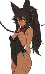  1girl animal_ear_fluff animal_ears arm_behind_back bangs bare_arms bare_shoulders black_hair black_leotard breasts cerberus_(houtengeki) chain closed_mouth collar covered_navel cowboy_shot dark-skinned_female dark_skin dog_ears eyebrows_visible_through_hair fishnet_legwear fishnets frown hair_between_eyes highleg highleg_leotard highres houtengeki leash leotard long_hair looking_at_viewer original oversized_breast_cup pantyhose ponytail red_eyes simple_background small_breasts solo white_background 