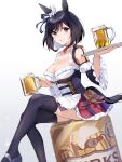  1girl absurdres akitsuki_(oenothera) alcohol animal_ears beer beer_mug black_hair black_legwear blue_eyes blush breasts cleavage cup dirndl eishin_flash_(umamusume) frilled_sleeves frills german_clothes gradient gradient_background highres holding holding_cup holding_tray horse_ears horse_girl horse_tail large_breasts mug open_mouth red_skirt short_hair simple_background skirt solo striped striped_skirt tail thighhighs tray umamusume vertical-striped_skirt vertical_stripes white_background 