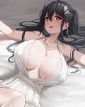  1girl absurdres azur_lane bangs bare_shoulders bbolalus bed_sheet black_hair breasts collarbone commentary_request dress earrings fang flower hair_between_eyes hair_flower hair_ornament heart heart-shaped_pupils highres jewelry large_breasts long_hair looking_at_viewer lying messy_hair necklace official_alternate_costume on_back open_mouth outstretched_arms red_eyes sidelocks sleeveless solo symbol-shaped_pupils taihou_(azur_lane) taihou_(temptation_on_the_sea_breeze)_(azur_lane) thighs very_long_hair white_dress 
