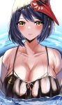  1girl absurdres black_hair blush breasts cleavage den_den489 genshin_impact hair_ornament highres kujou_sara large_breasts mask mask_on_head partially_submerged solo swimsuit upper_body wet yellow_eyes 